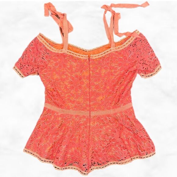 INA Orange Eyelet Lace Crochet Peplum Cold Shoulder Blouse Top - Picture 2 of 4